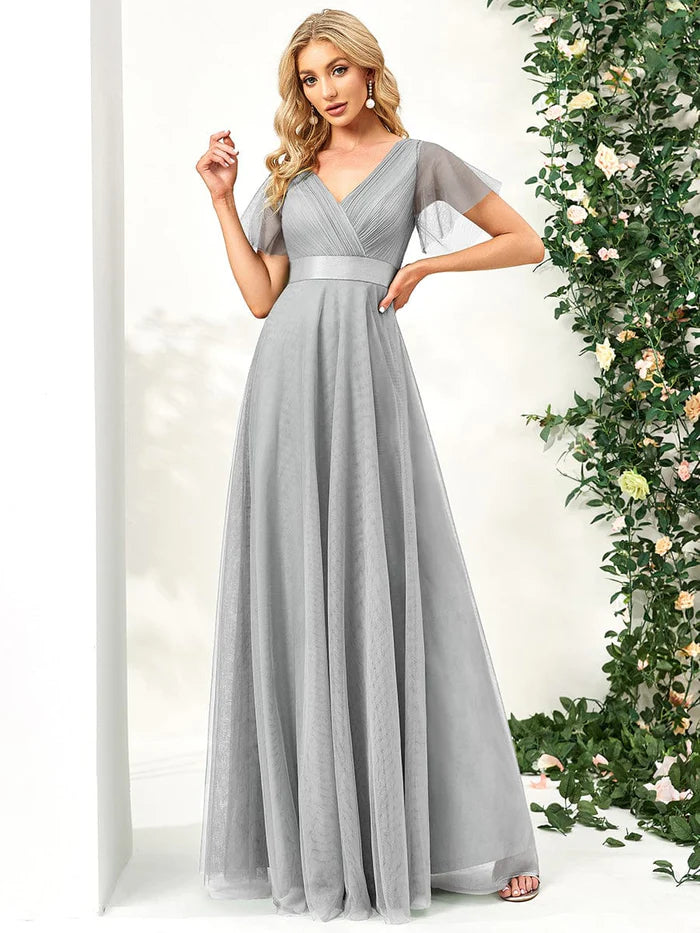 Exclusive Discount V-Neck Floor-Length Short Sleeve Tulle Bridesmaid Dresses