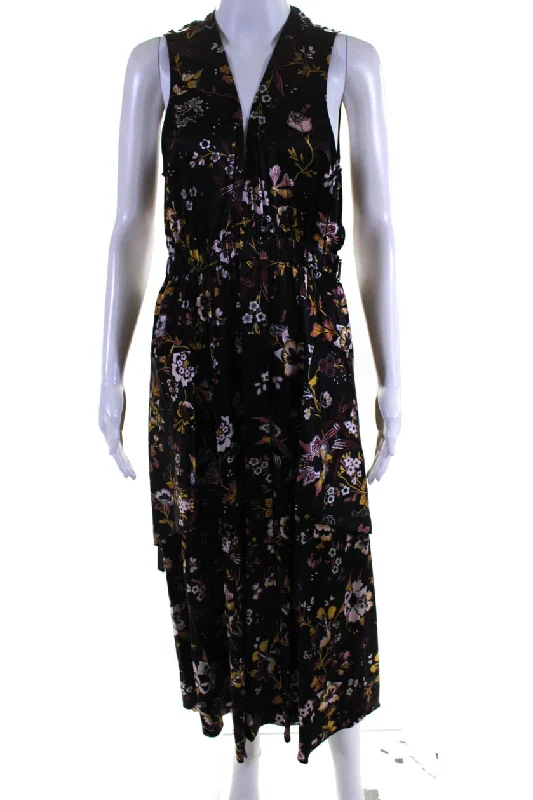 Cool Prices A.L.C. Womens Silk Floral Print Open Back V-Neck Sleeveless Dress Black