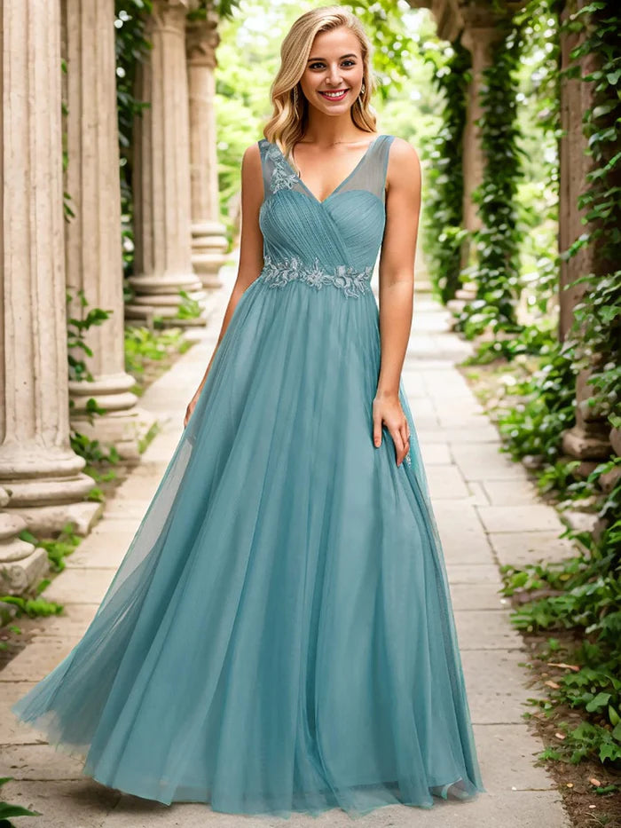 Great Prices On Feminine Styles See-Through Shoulder Strap Flower Decoration Tulle Bridesmaid Dress