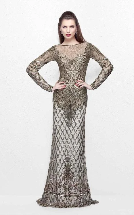 Special Offer Primavera Couture - 1720 Long Sleeve Adorned Sheath Dress in Champagne