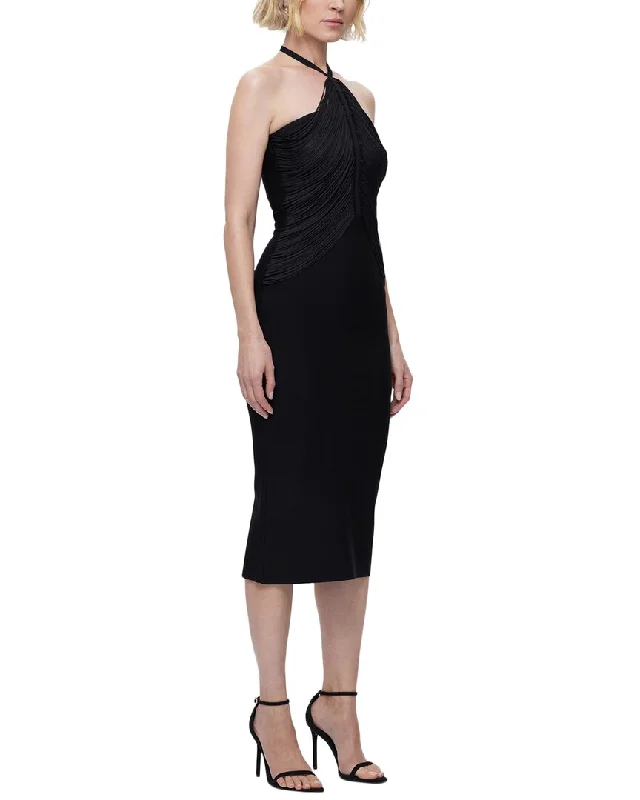 Score Big On Glamorous Red - Carpet Styles Hervé Léger Draped Halter Fringe Midi Dress