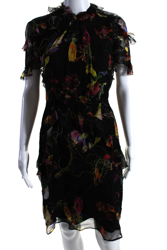 Seasonal Trends Jason Wu Womens Back Zip Crew Neck Floral Silk Chiffon Dress Black