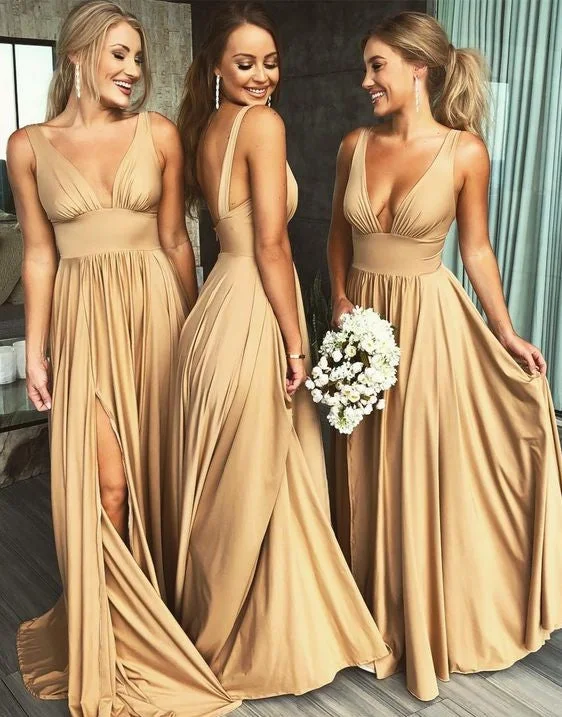 Summer Splash Sale Sexy V-neckline Champagne Slit Bridesmaid Dress