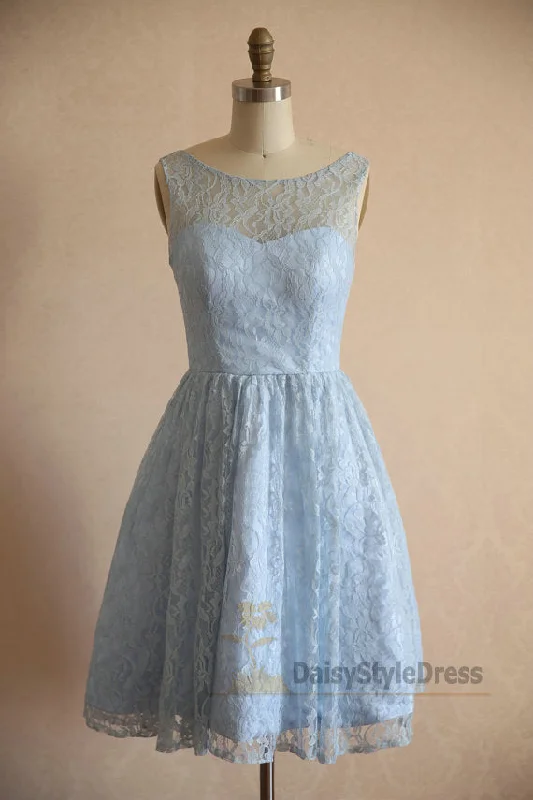 Fashion Sale Knee Length Light Blue Vintage Lace Bridesmaid Dress