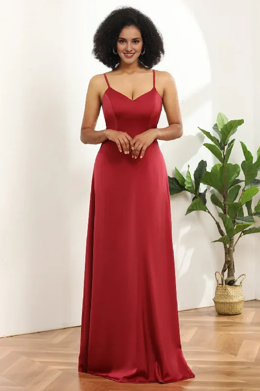 Chic Styles A-line satin thin shoulder strap tied back bridesmaid dress