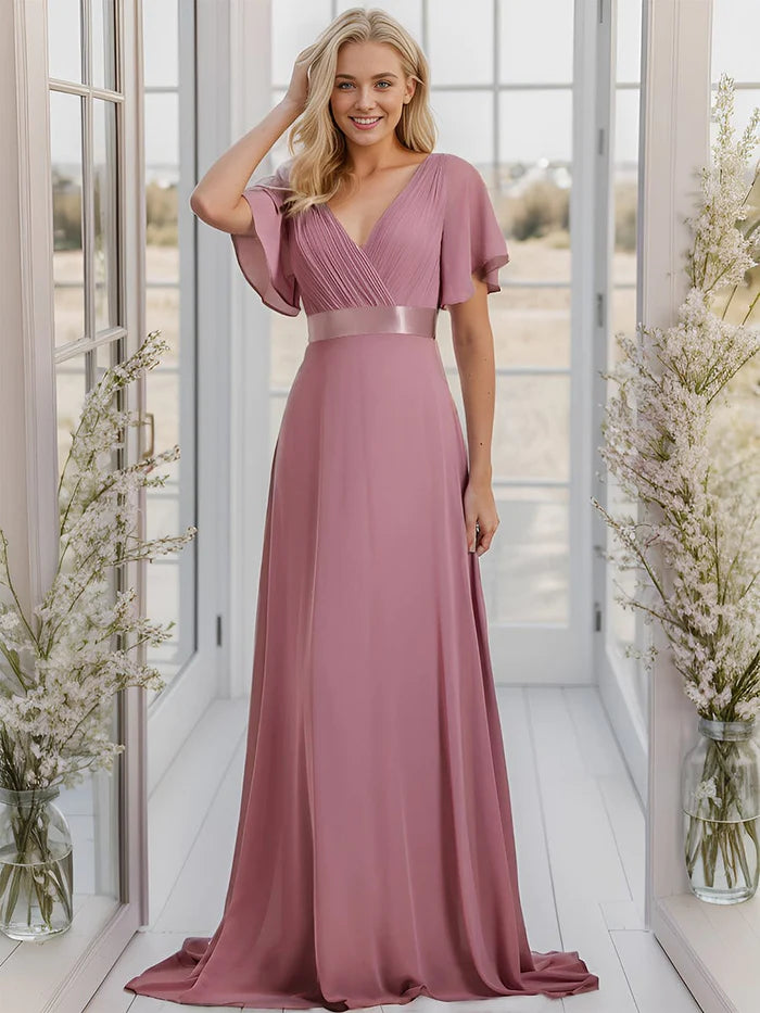 Winter Warm - Up Sale Long Empire Waist Bridesmaid Dress with Short Flutter Sleeves