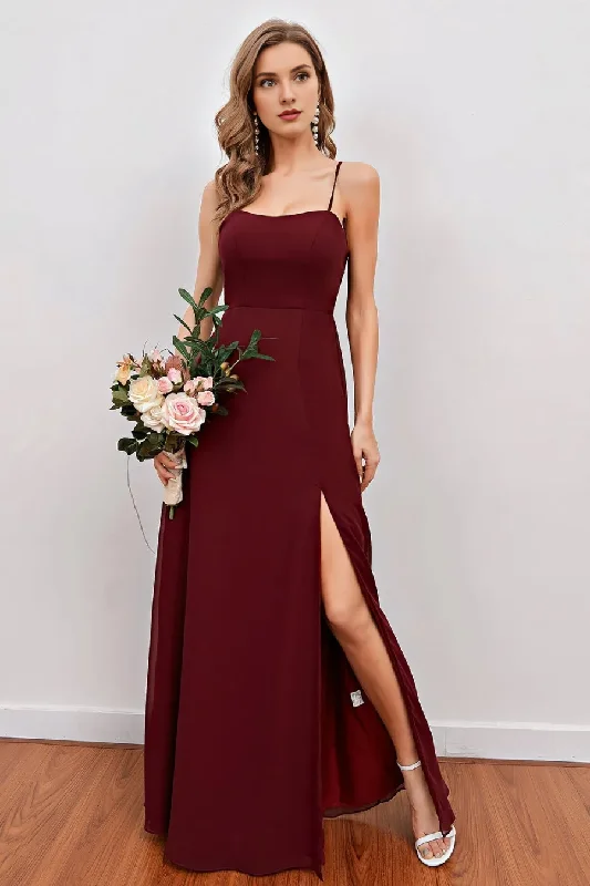 Fashion For Every Occasion Wine red slit thin shoulder strap long bridesmaid dress