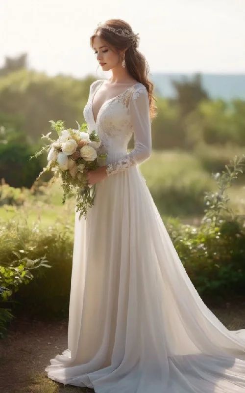 Seasonal Sale Boho Long Sleeves Plunging Neckline Lace and Chiffon A-Line Wedding Dress