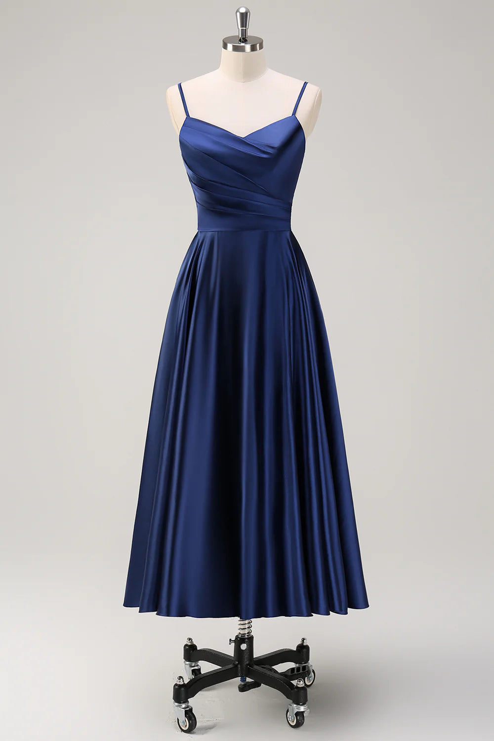 End - Of - Month Blowout Deep sea army blue A-line thin shoulder strap pleated tea long bridesmaid dress