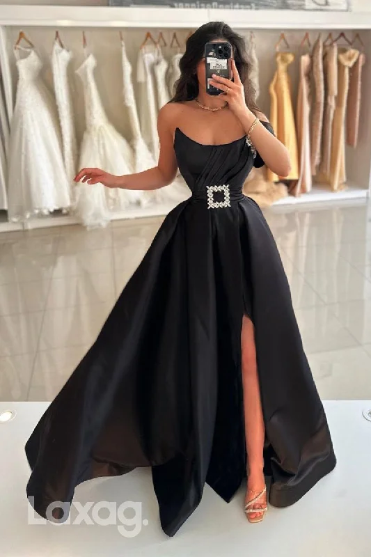 Budget-Friendly Fashion 14700 - A Line Strapless Satin Ruched Long Formal Prom Dress with Slit