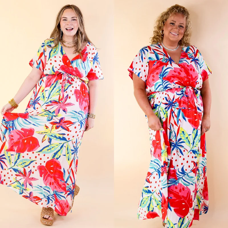 Father'S Day Deals Delightful Dip Tropical Floral Maxi Dress with Waist Tie in White