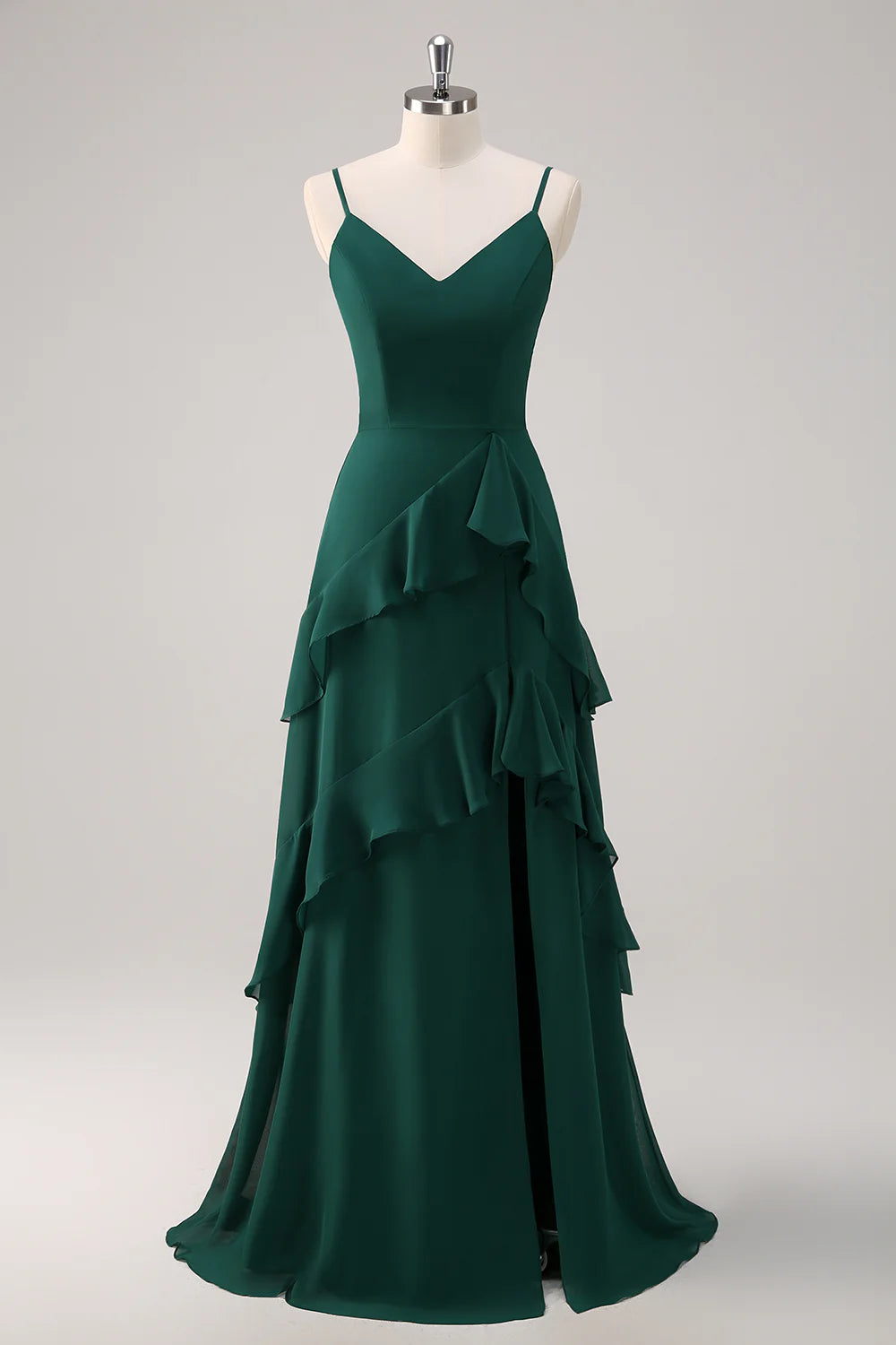 Discounts On Casual Weekend Styles Deep green A-line thin shoulder strap ruffled chiffon and floor length slit bridesmaid dress