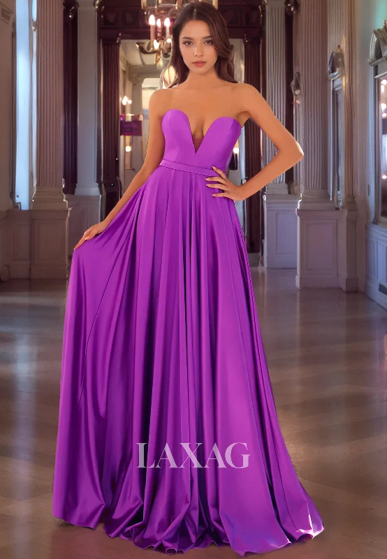 Clearance Event A-Line Strapless Sleek Satin Party Prom Formal Evening Dress with Train