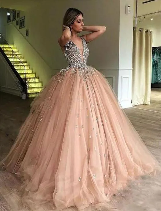 Wardrobe Upgrade Ball Gown Deep V-Neck Low Cut Champagne Quinceanera Dress with Beading , sparkly prom dress  cg635