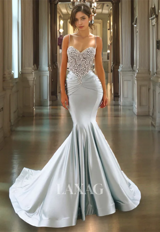 Limited Styles Spaghetti Straps Beaded Sleek Satin Mermaid Party Prom Formal Evening Dres