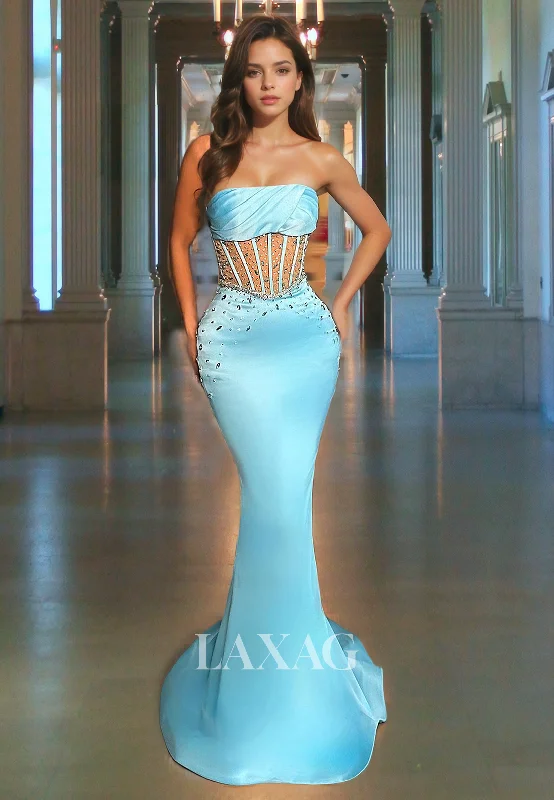 Evening Elegance Strapless Beaded illusion Sleek Satin Mermaid Party Prom Formal Evening Dress