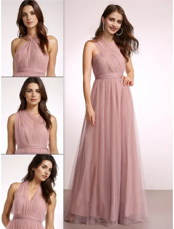 Fashionista Favorites A-Line Bridesmaid Dress Halter Neck Sleeveless Elegant Floor Length Tulle with Ruching