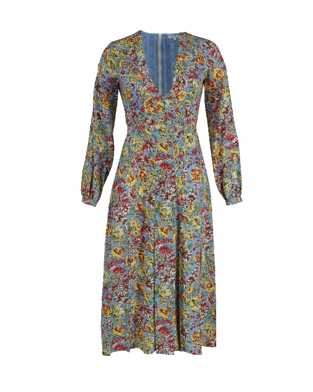 Latest Fashion Rixo V-Neck Long Sleeve Midi Dress in Floral Print Silk