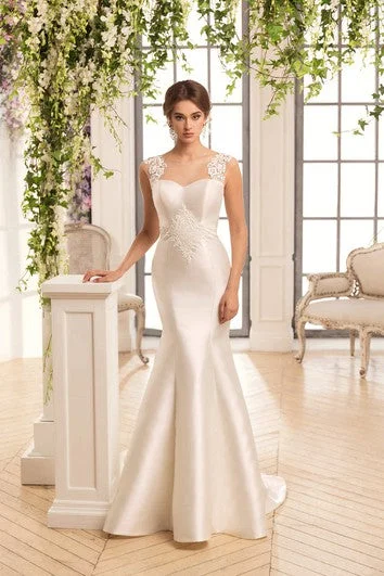 Wardrobe Update Mermaid Long Scoop Sleeveless Illusion Satin Wedding Dress With Appliques