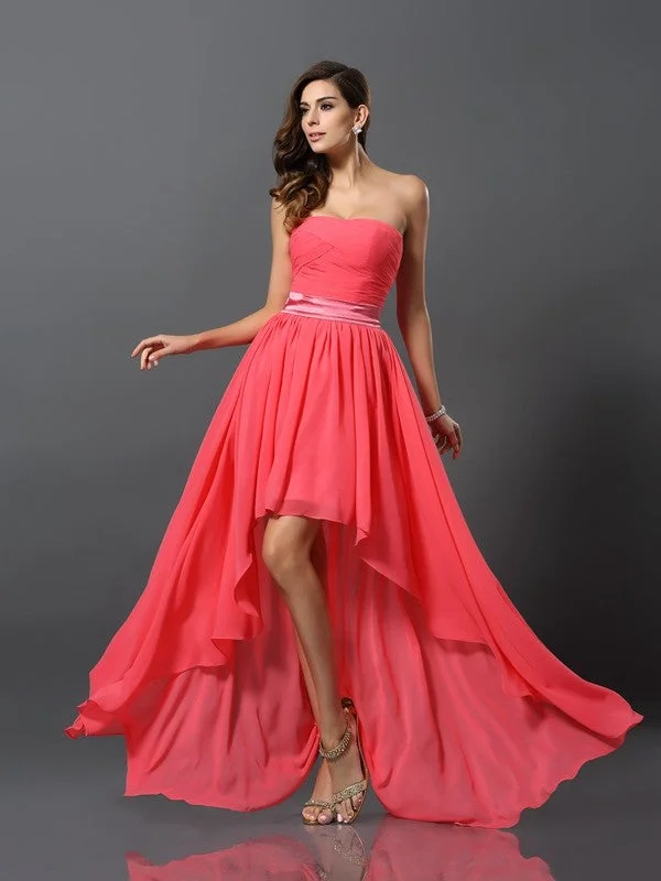 Discounts On Casual Weekend Styles A-Line/Princess Sweetheart Sleeveless High Low Chiffon Bridesmaid Dresses