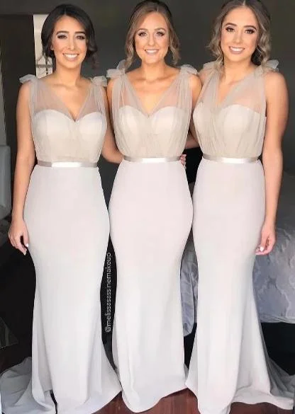 First Order Discount Mermaid V-neckline Silver Bridesmaid Dress