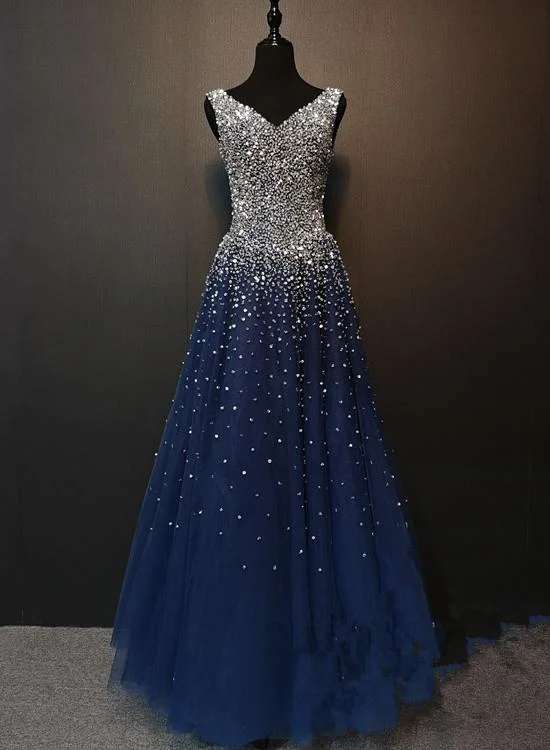 Hot Styles Charming Navy Blue Beaded V-Neckline Long Party prom Dress, Sparkle Formal Gown cg3349