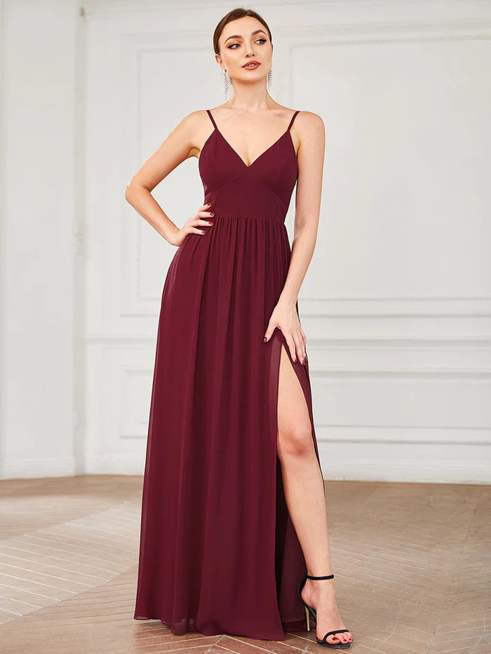 Best-Sellers Chiffon Plunging V-Neck Spaghetti Strap Ruched A-Line Front Slit Bridesmaid Dress