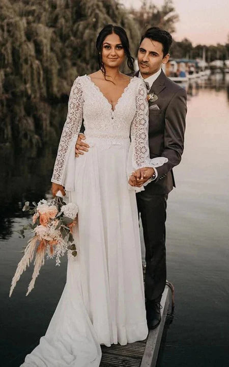 Huge Savings On Parisian Styles V-neck Lace Long Sleeve Empire Chiffon Boho Low-v Back Wedding Dress