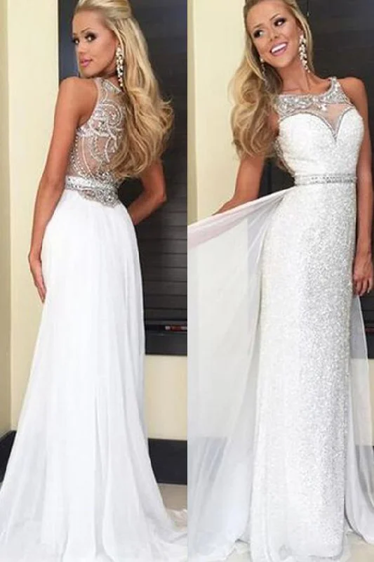 Spring Fashion White Chiffon Sequins Prom Dresses Long,Back Crystal Beaded Long Prom Gowns cg1493