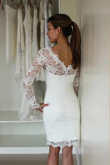 Fashion For Every Occasion Short Lace Dress With Low-V Back & Illusion Long Sleeves