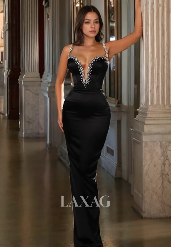 Budget-Friendly Fashion Spaghetti Straps Beaded Sleek Satin Mermaid Party Prom Formal Evening Dress