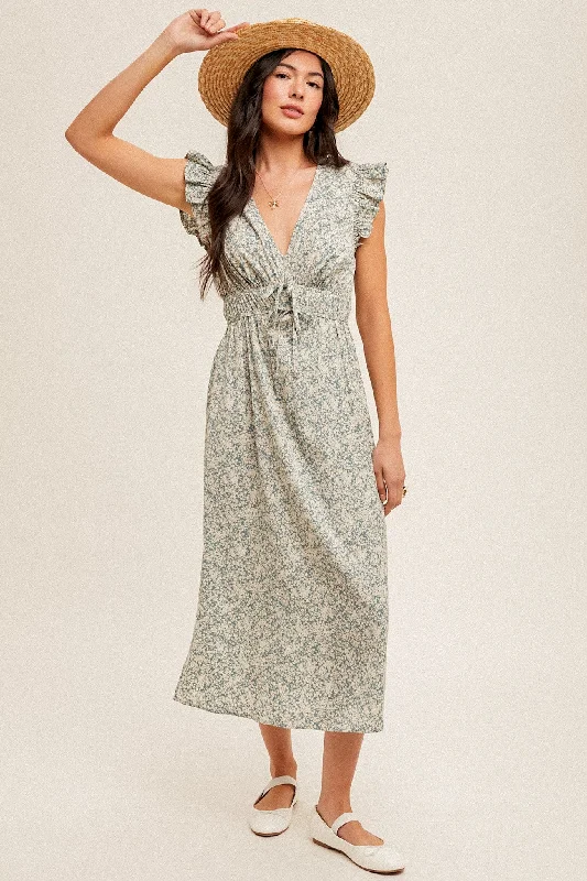 Save On Inspired Styles Dusty Blue Flutter Sleeves Floral Print Midi Dress