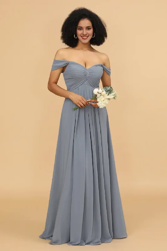 Unbeatable Prices Off shoulder chiffon backless and floor length bridesmaid dress