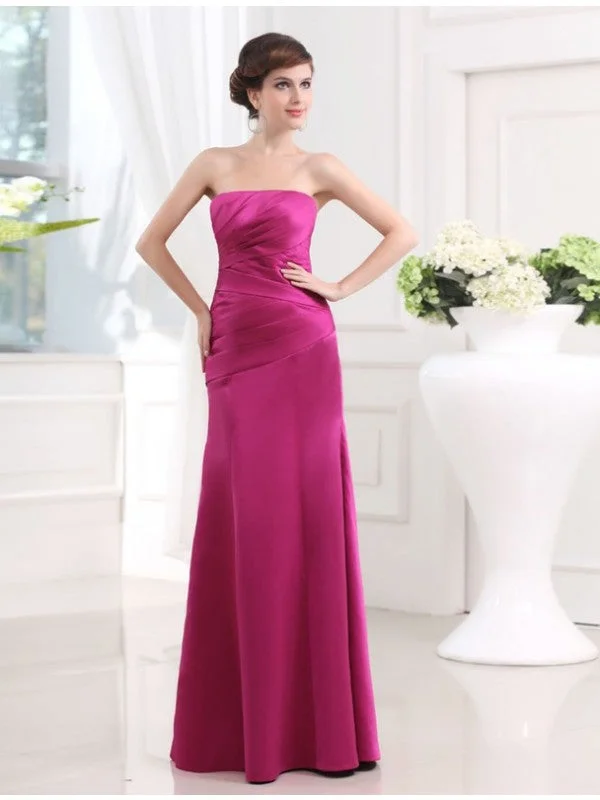 Stylish Spring Fashion Sheath/Column Strapless Sleeveless Long Pleats Satin Bridesmaid Dresses