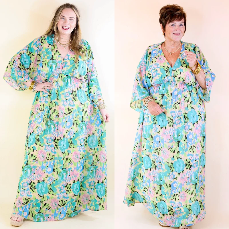 Last Chance Sale Beautifully Botanical V Neck Floral Print Maxi Dress in Blue and Green Mix