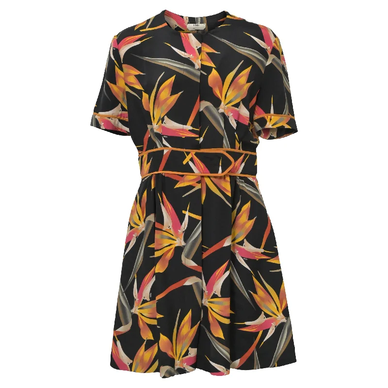 Pastel Styles Fendi Mini Floral Printed Concealed Button Dress in Black Silk