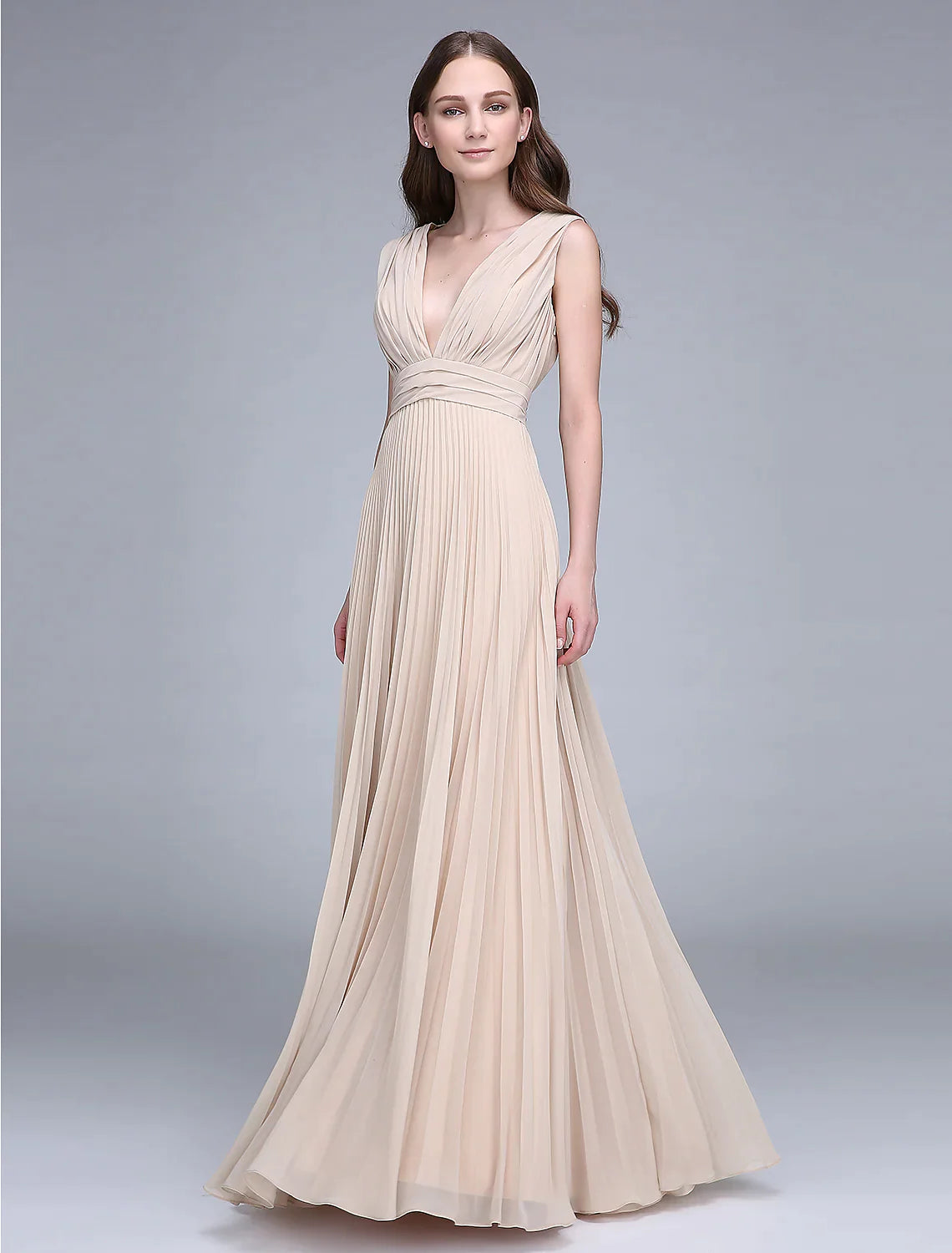 Summer Splash Sale Bridesmaid Dress V Neck Sleeveless Elegant Floor Length Chiffon with Ruched