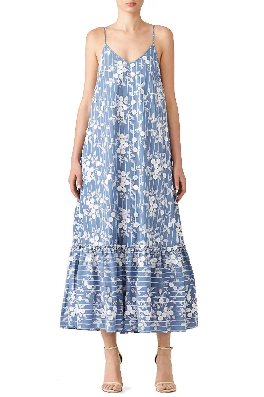 Season Sale Bloom Embroidery Maxi Dress In Blue