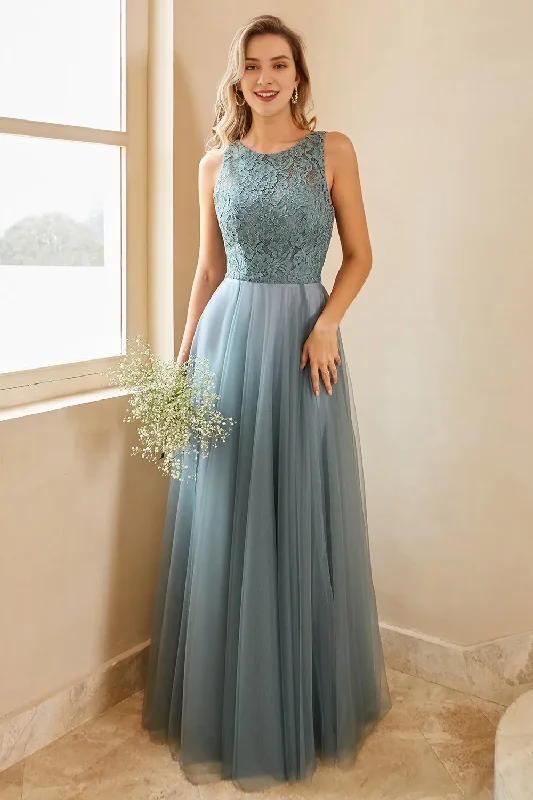 Fashion Sale Grey blue lace chiffon sleeveless and floor length back strap bridesmaid dress