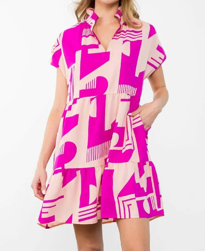 Holiday Sale Short Sleeve Print Midi Dress In Magenta