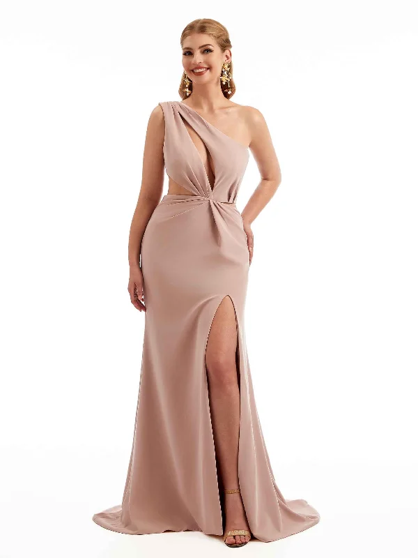 Exclusive Sale Sexy Side Split One Shoulder Stretch Crepe Long Mermaid Wedding Guest  Dresses