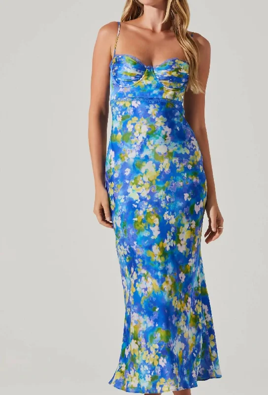 Celebrate With Big Savings Florianne Floral Stain Dress In Blue Yellow