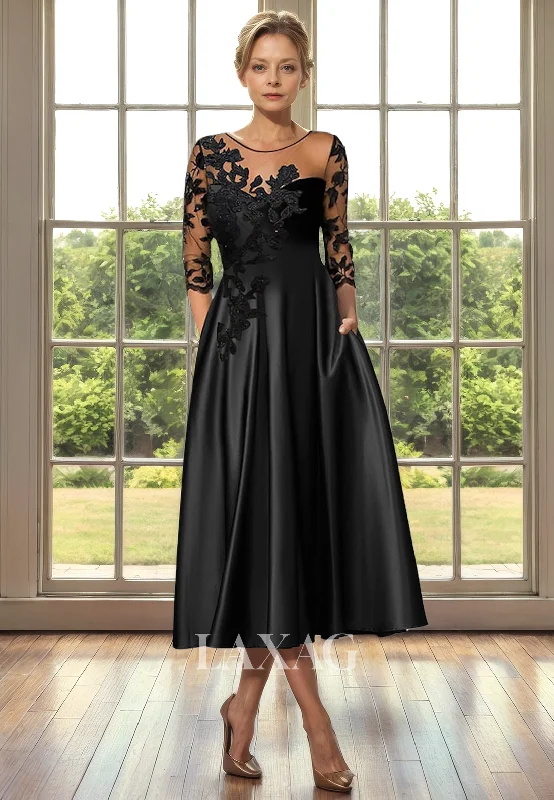 Season Sale A-Line Round Quarter Sleeves Lace Appliques Sleek Satin Mother of the Bride Dress