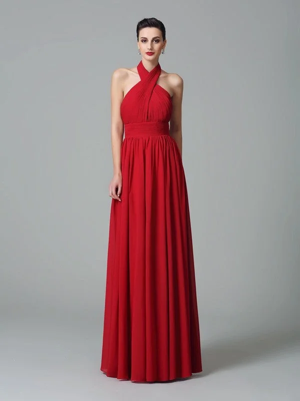 Summer Fashion A-Line/Princess Halter Ruffles Sleeveless Long Chiffon Bridesmaid Dresses