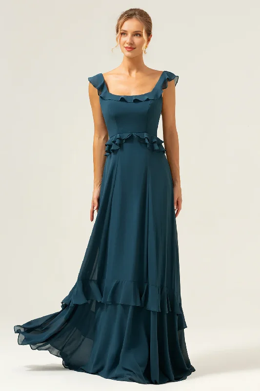 Evening Elegance Deep peacock green A-line square neck layered chiffon long bridesmaid dress