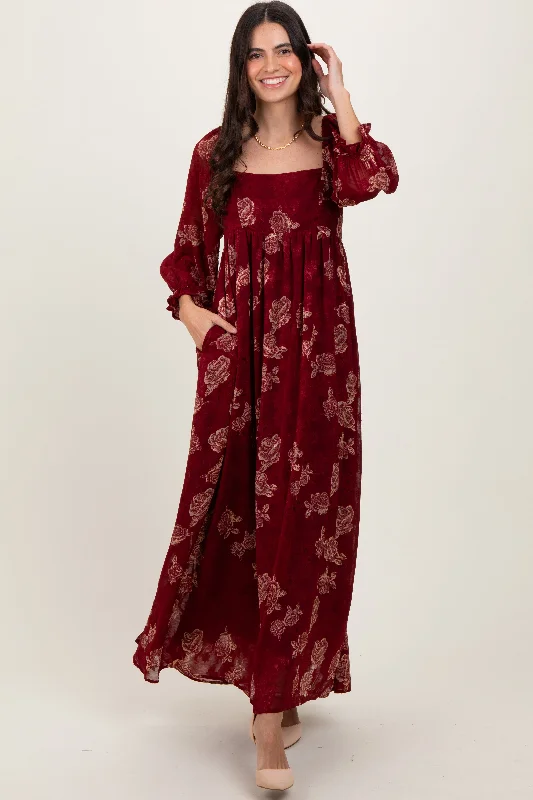 Celebrate With Big Savings Burgundy Multi Floral Textured Peasant Babydoll Maxi Dress