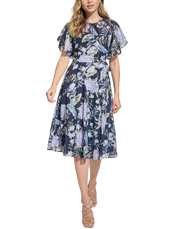 Winter Warm - Up Sale Womens Floral Print Below Knee Midi Dress