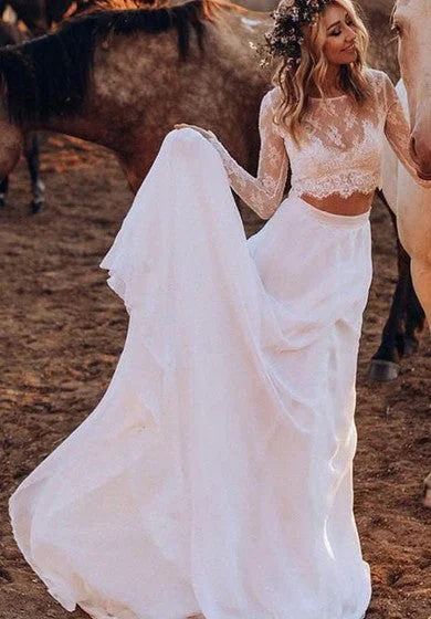 Discounts On Casual Weekend Styles Country/Western Two Piece Bateau-Neck Long Sleeve Chiffon Lace Boho Illusion Beach Wedding Dress