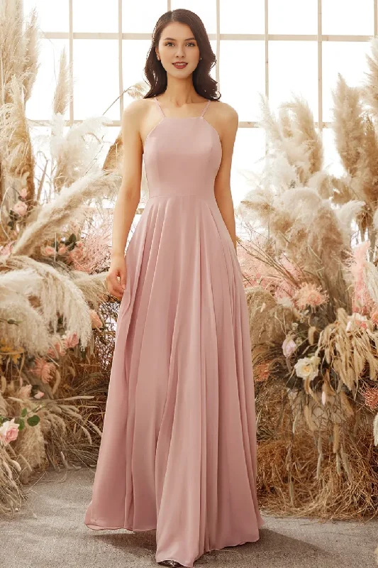 Spring Wardrobe Grey pink chiffon thin shoulder strap backless bridesmaid dress