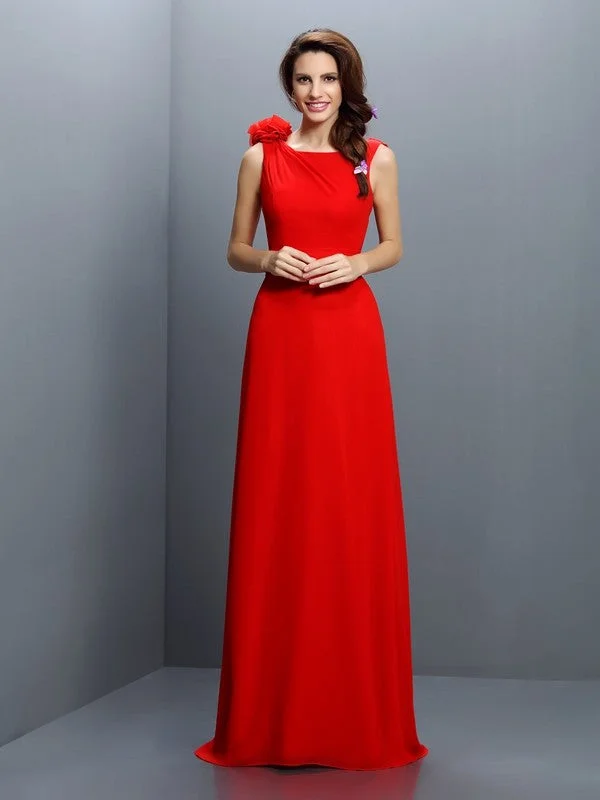 Chic Style A-Line/Princess Bateau Hand-Made Flower Sleeveless Long Chiffon Bridesmaid Dresses